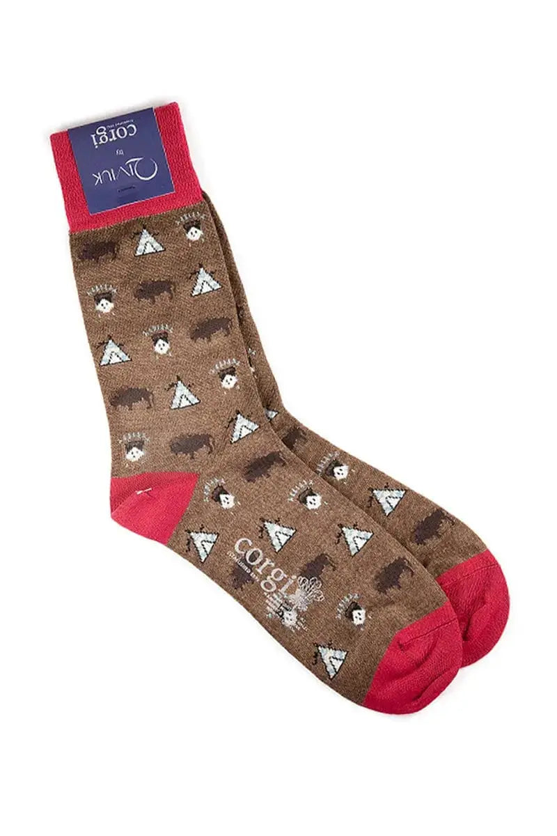 Red/brown with Bison, cashmere & silk Corgi woman socks  by Qiviuk Boutique