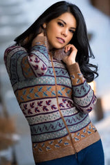 A multi patterned Suleyma Woman Cardigan Bison, Merino & Silk by Qiviuk Boutique