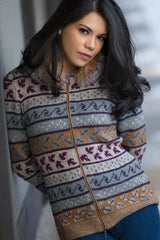 A front view of Suleyma Woman Cardigan Bison Qiviuk Sweater, Merino & Silk by Qiviuk Boutique